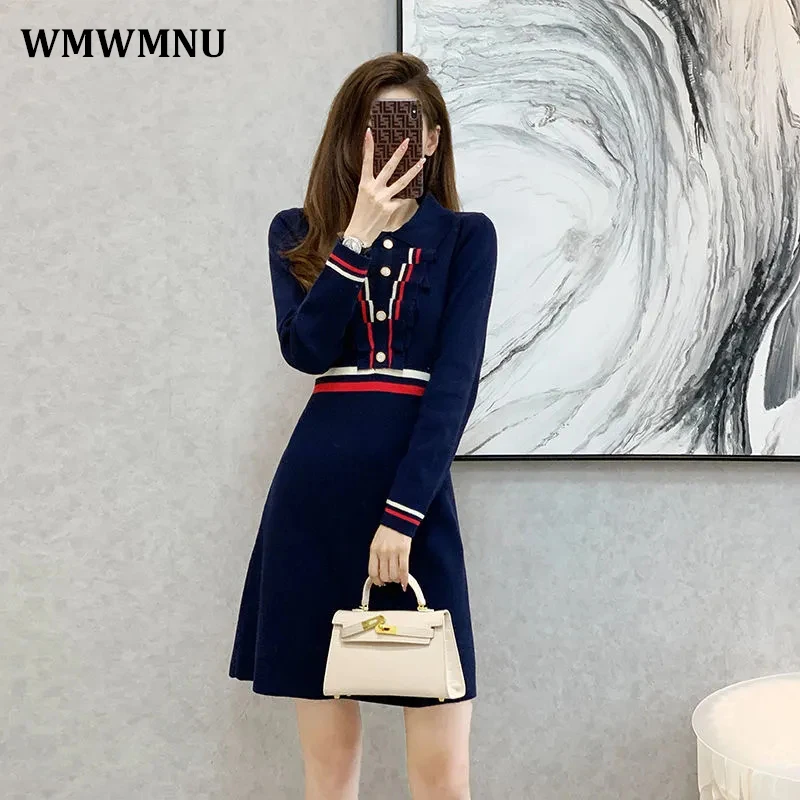 Top Trends: Vintage Striped Mini A-line Knitted Sweater Dress Women Korean Lapel Ruffles Dresses Autumn Long Sleeve Party Elegant Vestidos Shoppable Styles