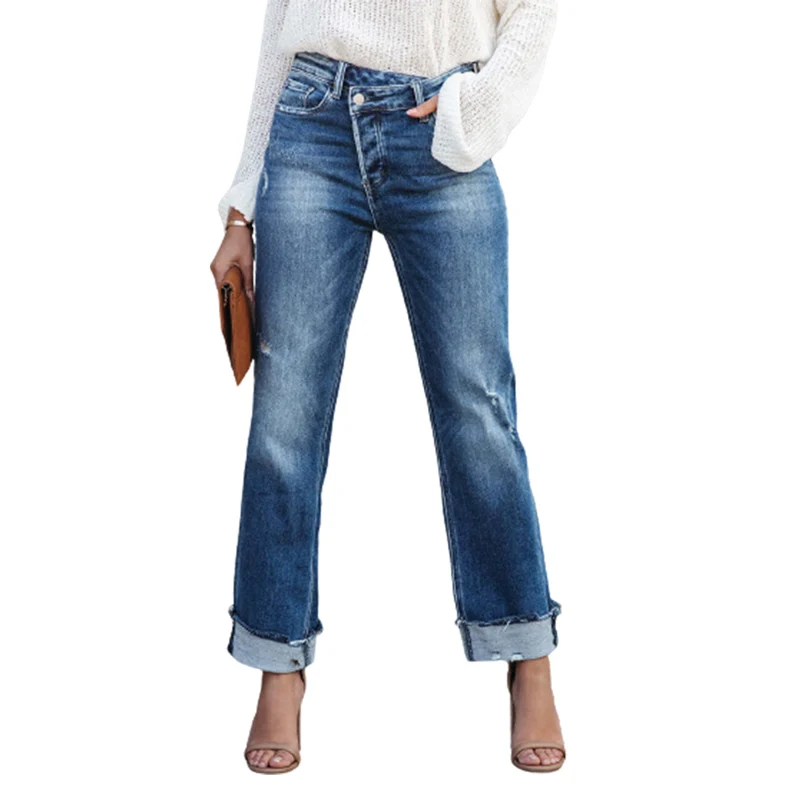 Top Trends: Women Mid Waist Slant Button Splicing Straight Jeans New Fashion Broken Holes Denim Pants Female Urban Casual Commuter Trousers Shoppable Styles