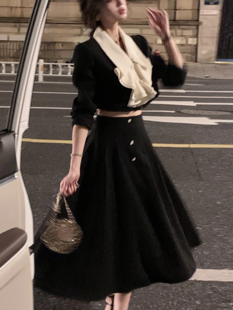 Top Trends: Elegant 2 Piece Dress Set Women Long Sleeve Crop Tops + Casual Black Midi Skirt 2022 Autumn Slim Retro Office Lady Korean Suits Shoppable Styles