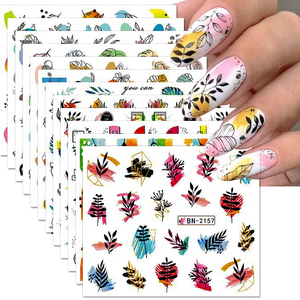 Top Trends: 12 Pieces Geometry Lines Flower Leaf Nail Stickers Graffiti Leaves Abstract Face Pattern Nail Decals Slider Manicure Decorative Shoppable Styles - Image 3