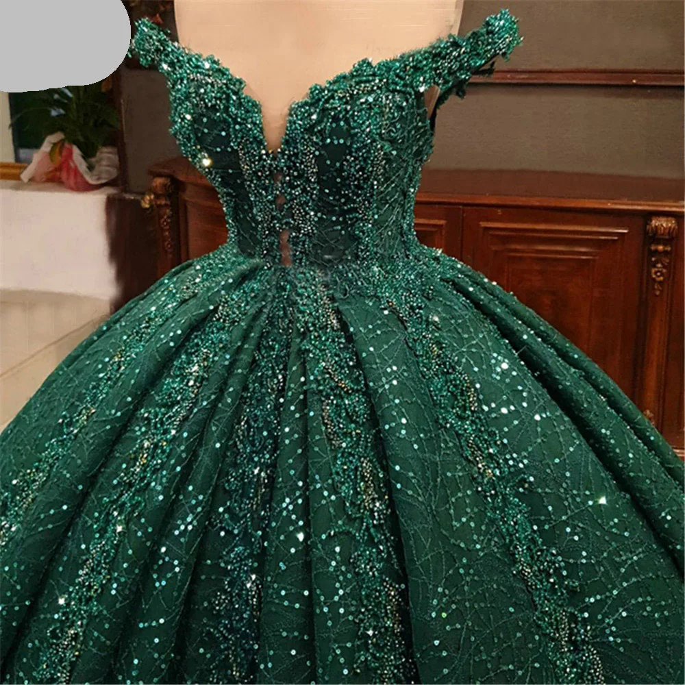 Top Trends: On Zhu Arabic Muslim Green Sequins Beading Wedding Dress Off Shoulder Lace Evening Party Gowns Sweep Train Robes De Soirée Shoppable Styles - Image 2