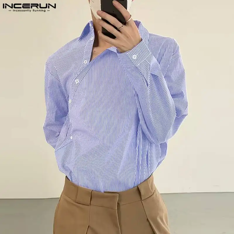 Top Trends: INCERUN Tops 2023 Korean Style Mens Diagonal Button Design Shirts Casual Streetwear Male Striped Long Sleeved Lapel Blouse S-5XL Shoppable Styles