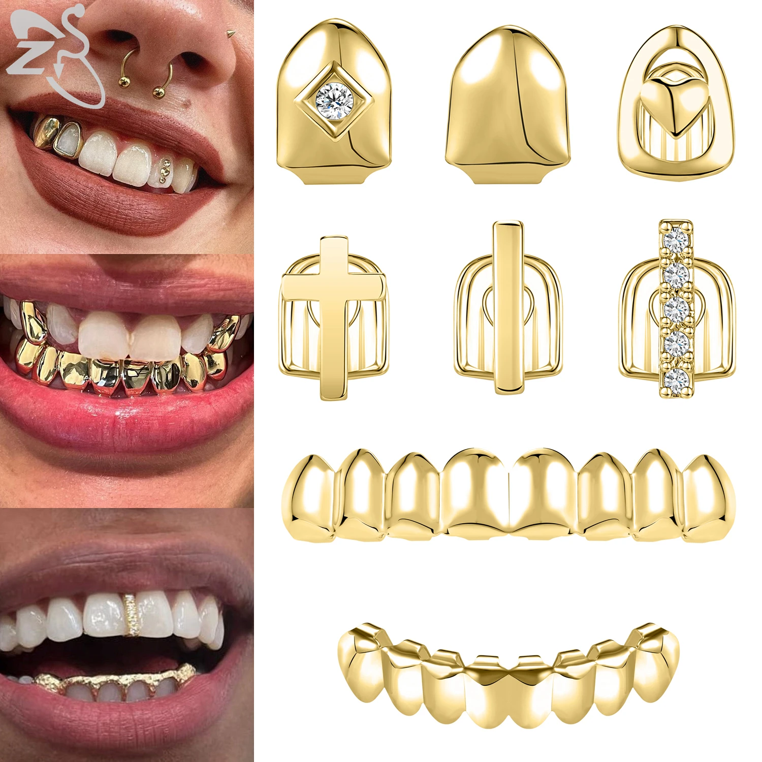 Top Trends: ZS 1-2 Pieces Hip Hop 18K Gold Plated Grillz Teeth Shiny CZ Crystal Cross Gap Grillz High Polish Finish Top &amp; Bottom Tooth Cap Shoppable Styles