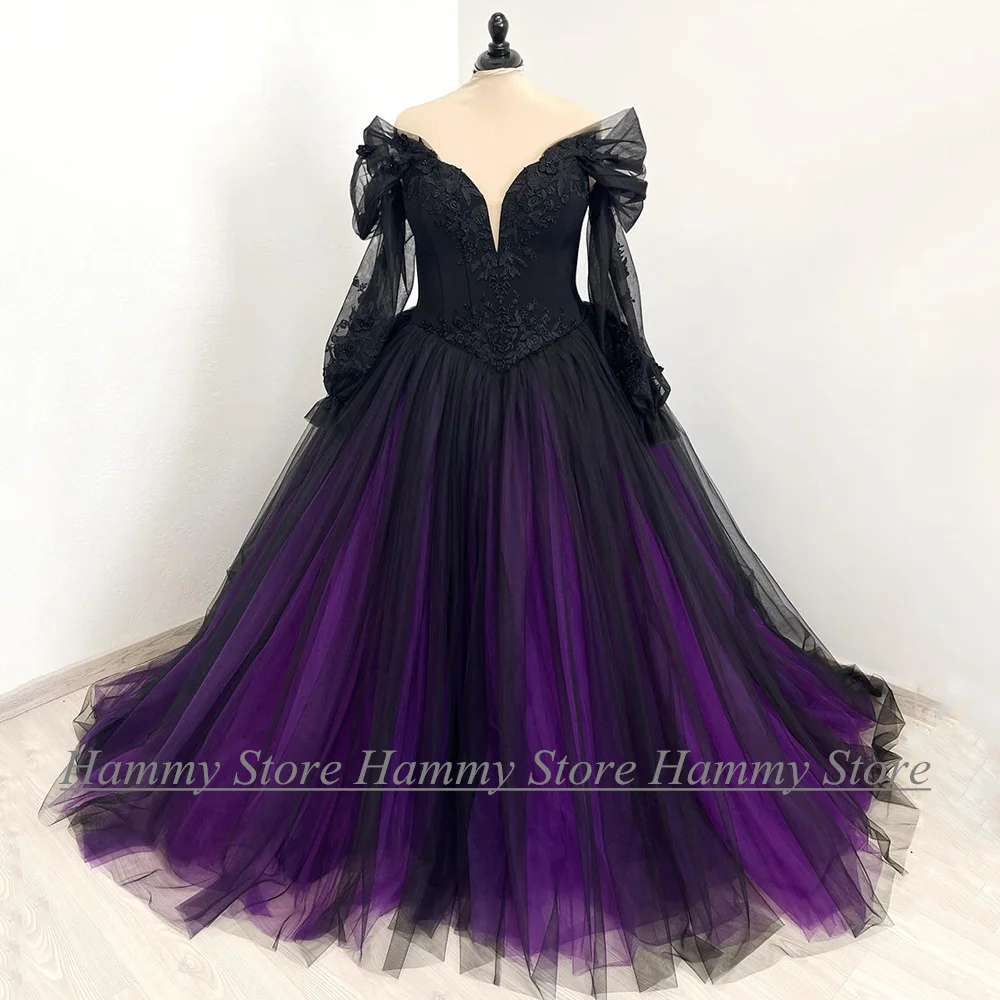 Top Trends: Plus Size Gothic Wedding Dress Puff Sleeves V Neck Contrast Color Bridal Gown Applique Black Purple Marriage Bride Dresses Shoppable Styles