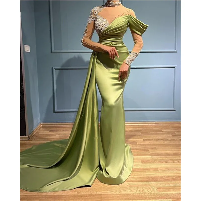 Top Trends: Chartreuse Satin Lace Applique Beaded Mermaid Prom Dresses Long Sleeve High Neck Arab Dubai Formal Evening Dresses For Women Shoppable Styles