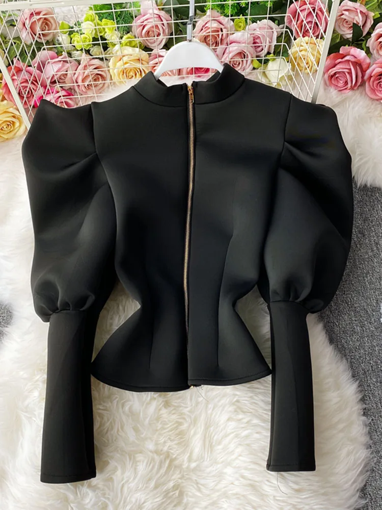 Top Trends: 2023 Temperament Stand-up Collar Shirt Women New Sping Autumn Winter Slim Long-sleeved Puff Sleeve Top GX1462 Shoppable Styles