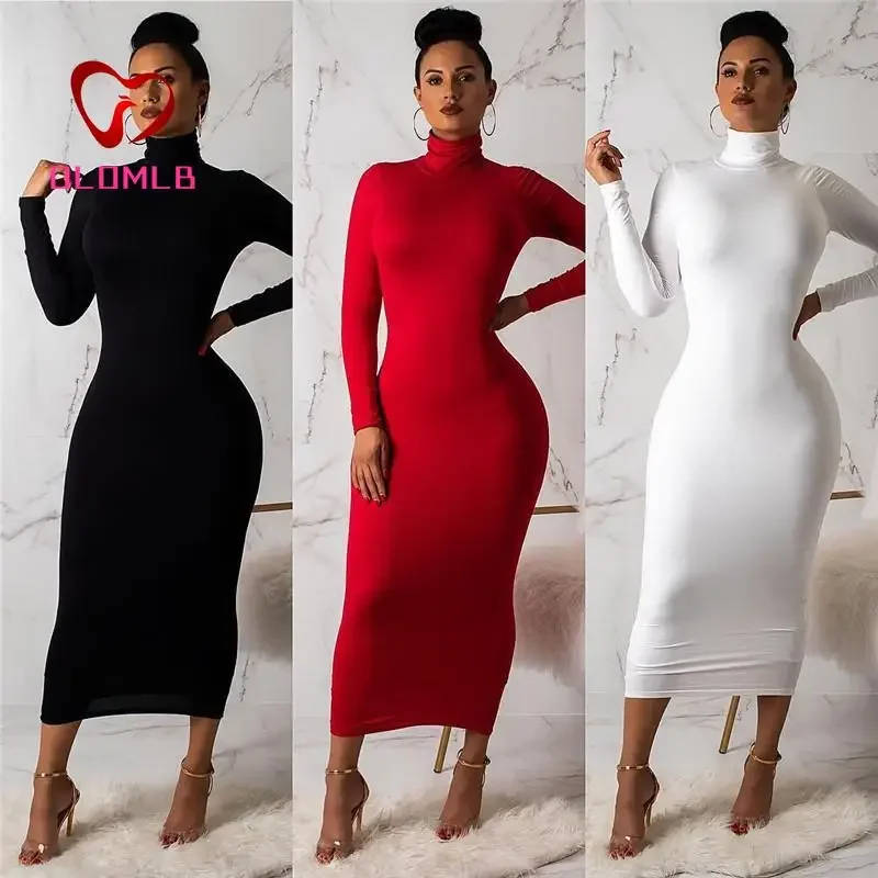 Top Trends: Nadafair Sexy Women Dress Long Sleeve Turtleneck Autumn Winter Solid Casual Basic Black White Bodycon Slim Maxi Dress For Women Shoppable Styles