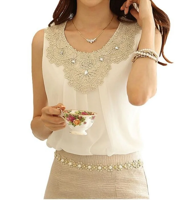 Top Trends: New Women Sleeveless Chiffon Blouse Diamond Folding Casual Lace Crochet Stitching White Shirts Plus Size S-6XL Shoppable Styles