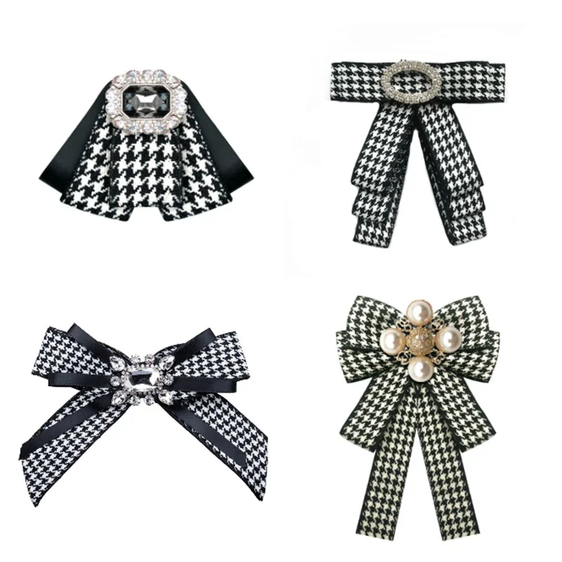 Top Trends: Classic Plaid Black White Fabric Bow Tie For Ladies Pearl Brooch Rhinestone Flower Shirt Collar Pin School Uniform Accessories Shoppable Styles