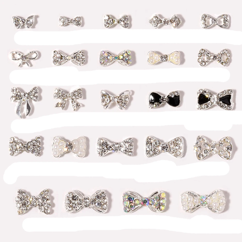 Top Trends: 10pcs Diamond Bowknot Nail Charm 3D Shiny Pearl Crystal Silver Alloy Edging Bow Ribbon Nail Jewelry Cute DIY Nail Decor Parts Shoppable Styles