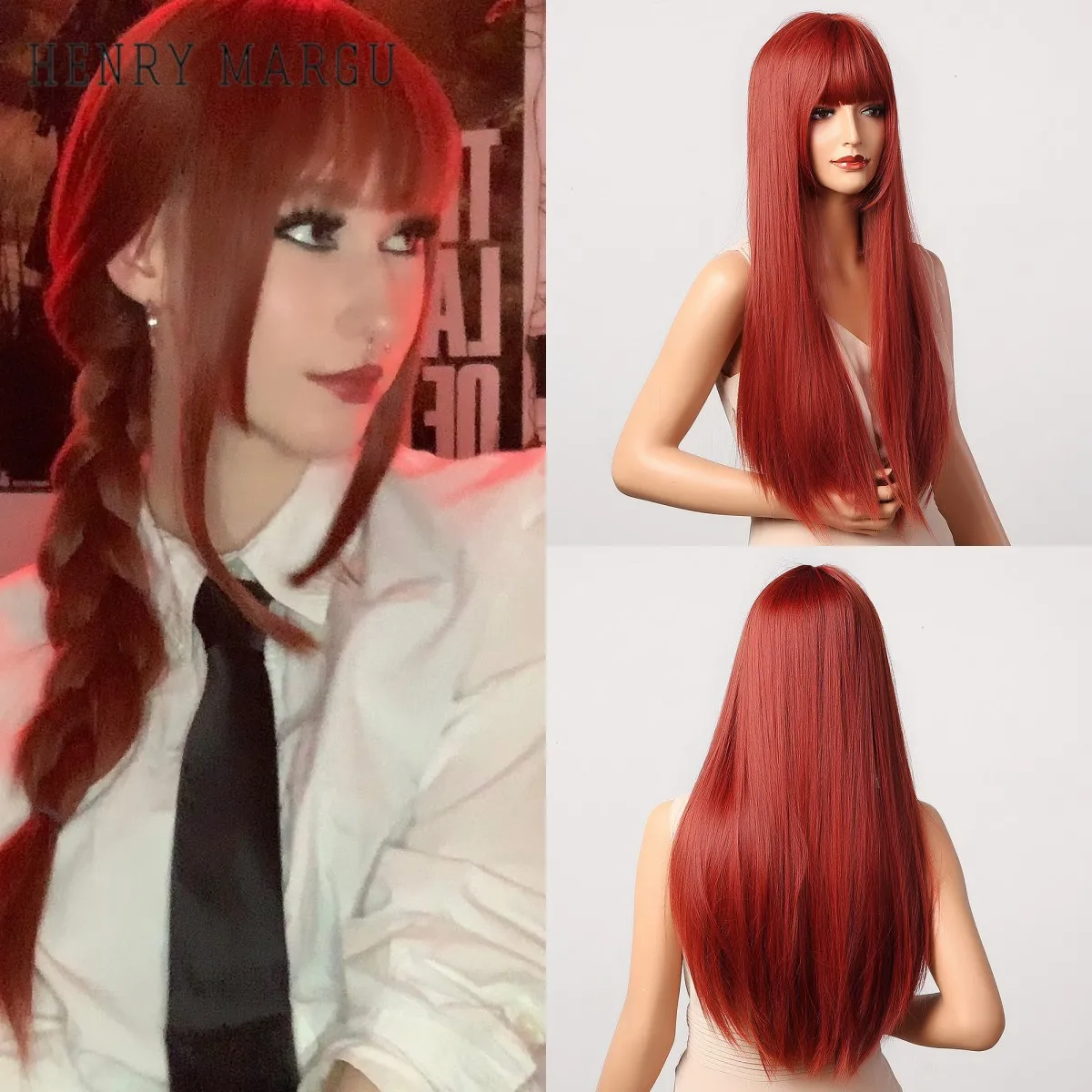 Top Trends: Cosplay Makima Wigs Orange Red Ombre Long Straight Wigs For Women Synthetic Wigs With Bangs Heat Resistant Fiber WigsHair Shoppable Styles