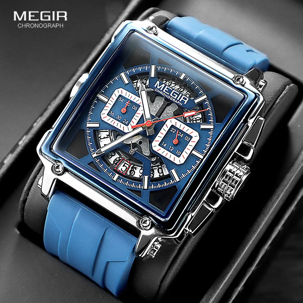 Top Trends: MEGIR Square Dial Sport Quartz Watch Men Fashion Waterproof Luminous Wristwatch With Chronograph Date Blue Silicone Strap 2233 Shoppable Styles