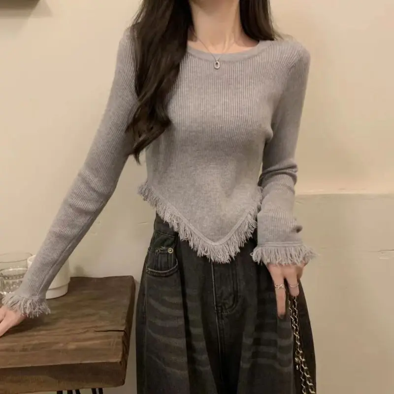 Top Trends: 2023 New Autumn And Winter Spicy Girls Pure Desire Style Round Neck Slim Fit Tassel Irregular Hem Fashion Knitted Sweater Shoppable Styles