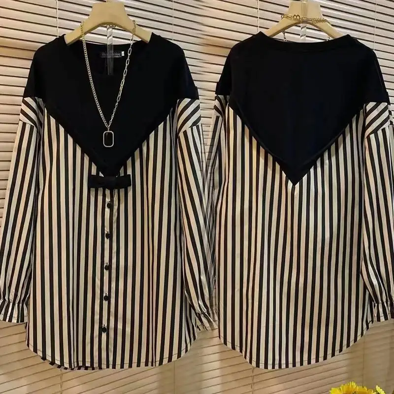 Top Trends: Korean Striped Spliced Casual Shirt Spring Autumn Commute Round Neck Button Female Clothing Loose Stylish Long Sleeve Blouse New Shoppable Styles