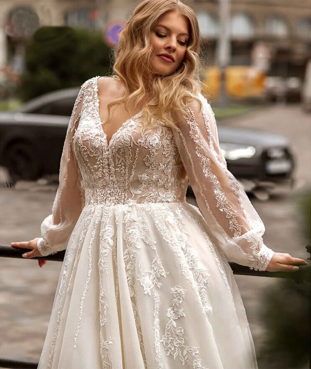 Top Trends: Gorgeous A-line Plus Size Wedding Dresses 2023 For Women Tulle Long Sleeve V-neck Appliques Bridal Gown Elegant Robe De Mariee Shoppable Styles