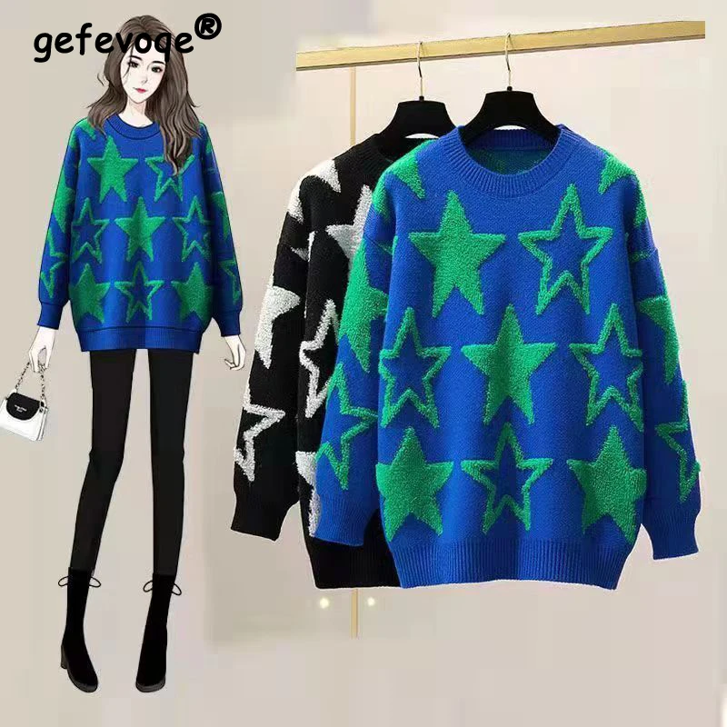 Top Trends: Korean Fashion Star Graphic Oversized Streetwear Harajuku Knitted Sweaters For Women Casual O Neck Long Sleeve Pullovers Jumpers Shoppable Styles