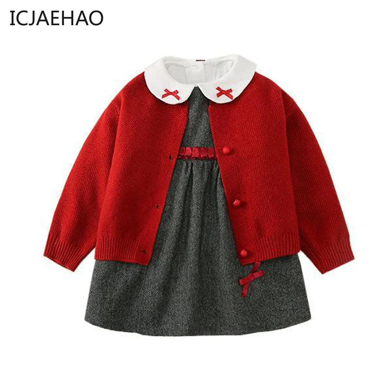 Top Trends: New Years Baby Girl Dress Sets First Birthday Party Sweater Suit 3pcs Kids Red Knitted Cardigan+ White Blouse+ Sleeveless Dresses Shoppable Styles