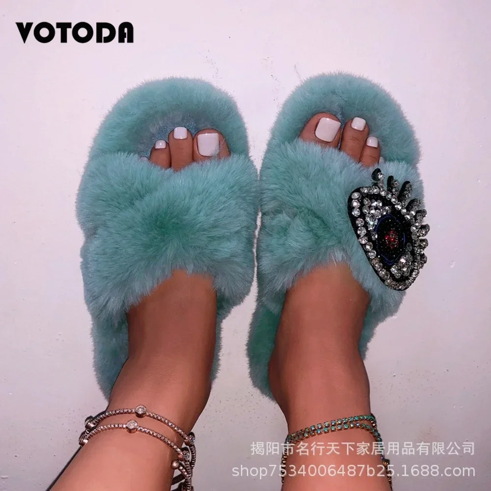 Top Trends: Women Shoes Winter Fur Fur Slides For Women Cross Flat Rhinestone Eyes Slippers Fluffy Faux Fur Plush Slides Zapatos De Mujer Shoppable Styles - Image 4