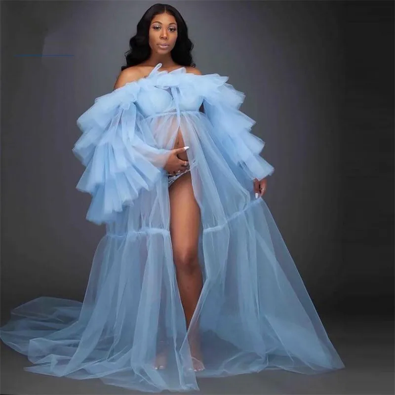 Top Trends: Sky Blue Prom Dress Pregnant Bathrobe Sleepwear Robe For Photo Shoot Maternity Gowns Custom Made Mesh Babyshower Shoppable Styles