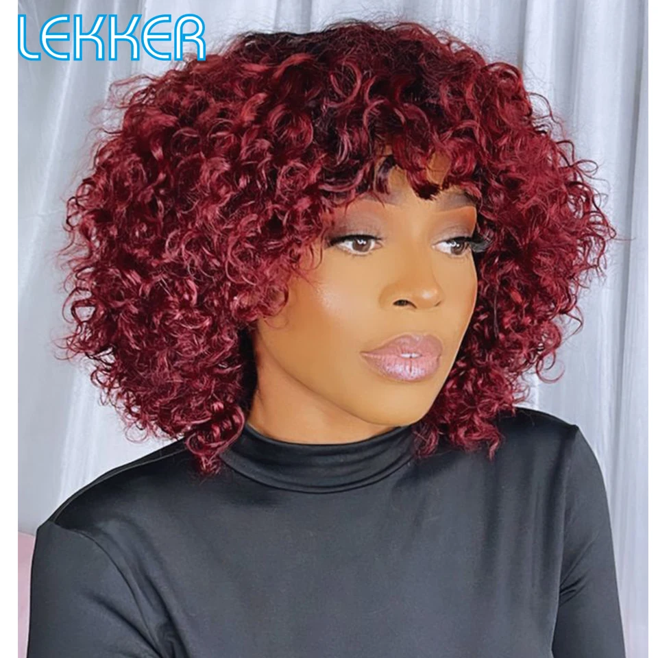 Top Trends: Lekker Burg Red Short Kinky Curly Bob Human Hair Wig For Women Wear To Go Glueless Brazilian Remy Hair Fluffy Curly Bangs Wigs Shoppable Styles - Image 4