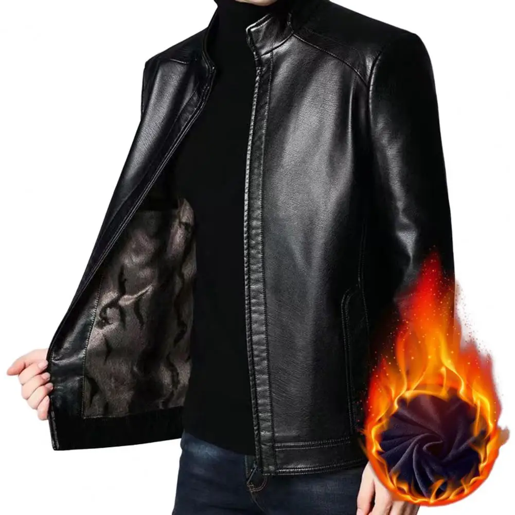 Top Trends: Men Faux Leather Coat Windproof Mid-aged Men's Faux Leather Jacket With Plush Heat Retention Stand Collar Zipper Closure Shoppable Styles - Image 3