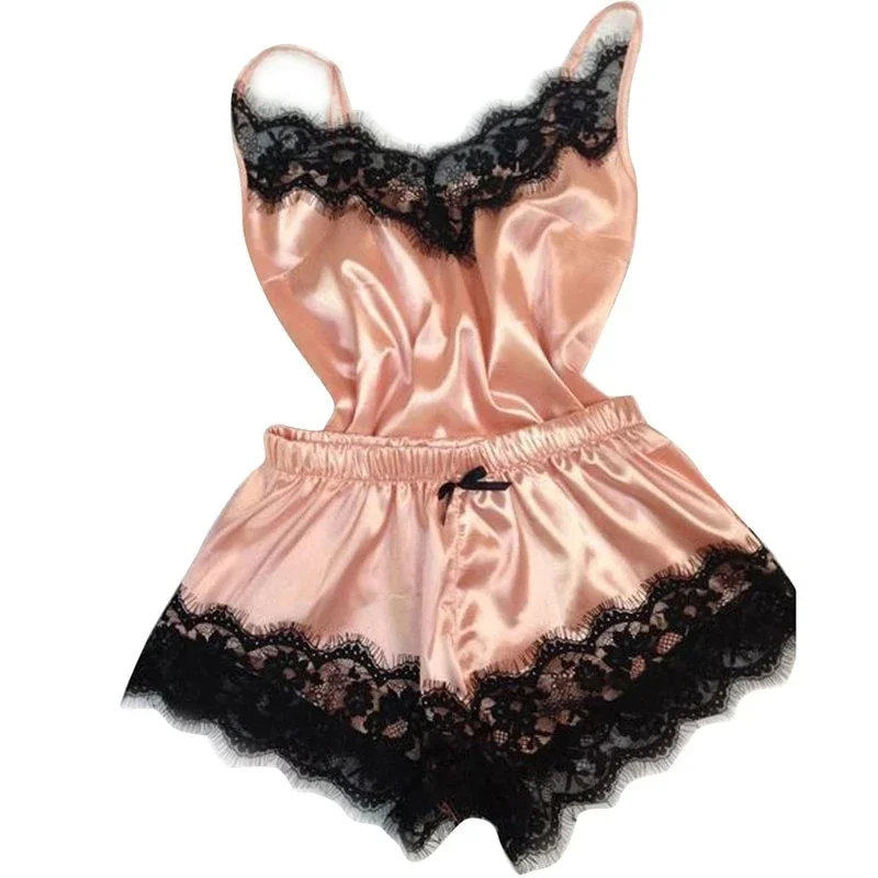 Top Trends: Fashion Women Pajama Suit V-Neck Stretch Satin Babydoll Lace Sexy Lingerie Bowknot Pyjamas Sleep Shorts Set Sleepwear Shoppable Styles