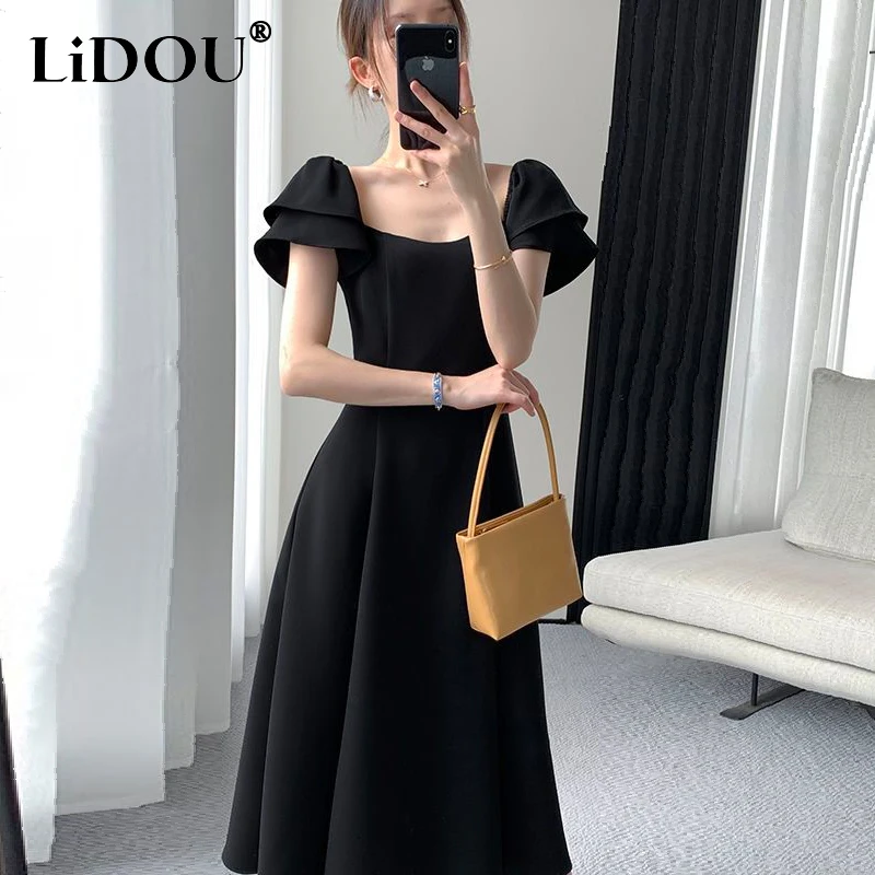 Top Trends: Summer New Preppy Style Black Waist A-line Dress Lady Short Sleeve Elegant Fashion Vestidos Women Temperament Dresses Robe Femme Shoppable Styles