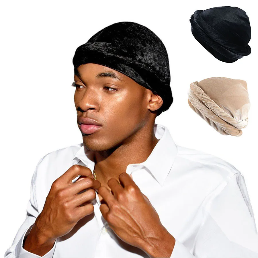 Top Trends: Elastic Velvet Braids Men's Turban Hat Satin Lined Streetwear Hip-hop Headband Cap Stretchy Patchwork Men Bandana Headwrap Caps Shoppable Styles