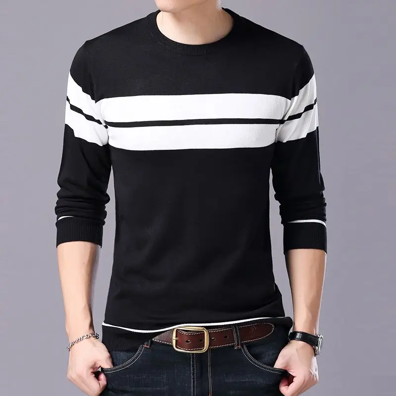 Top Trends: Spring Autumn Men Long Sleeve Basic Striped Sweaters Fashion Korean Male Clothes Loose Bottoming Casual Knitted Pullovers Tops Shoppable Styles