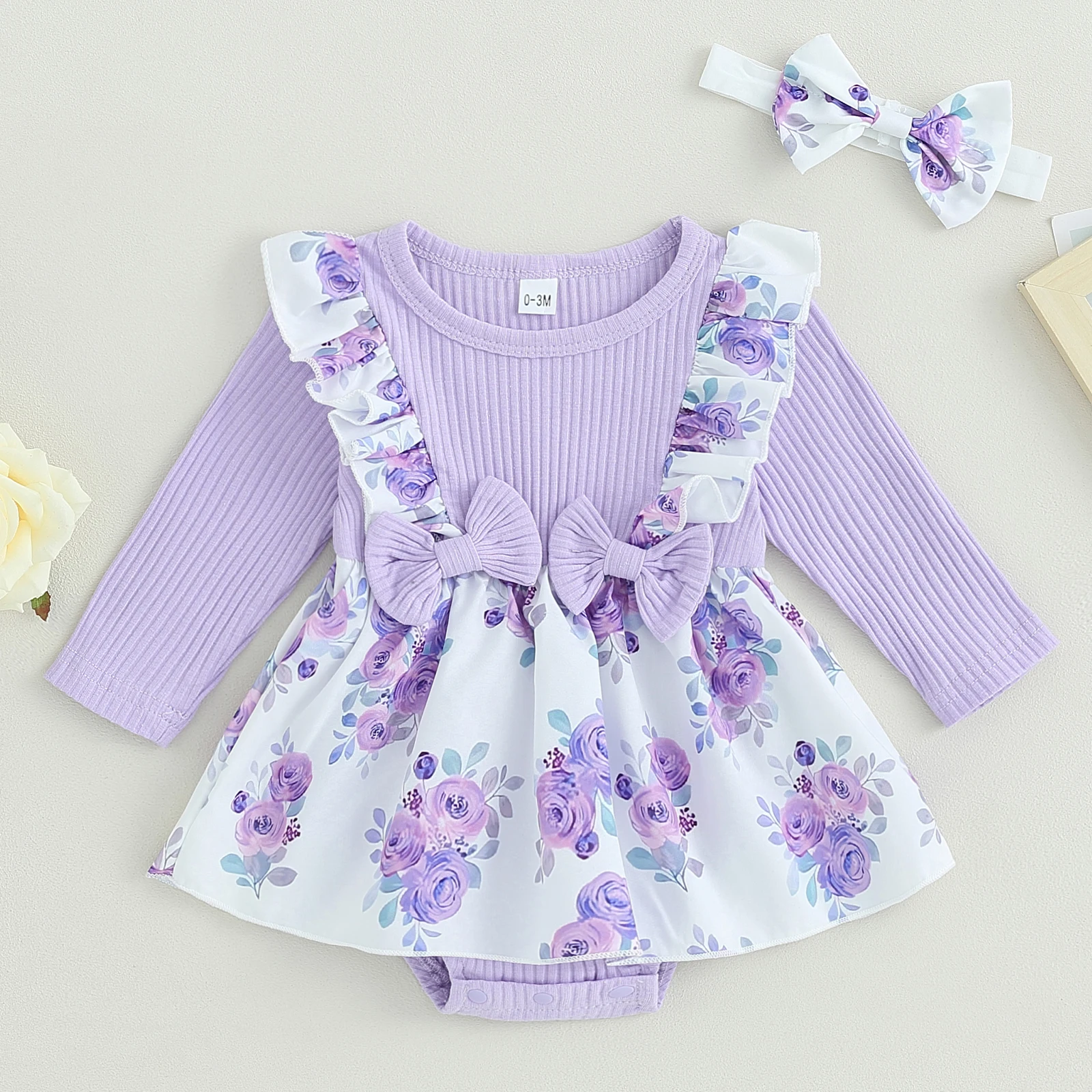 Top Trends: BeQeuewll Infant Girl Rompers Dress Rib Knit Floral Print Skirt Hem Jumpsuits Newborn Clothes Baby Bodysuits With Headband Shoppable Styles