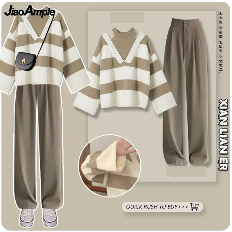 Top Trends: Women&#039;s Fashion Striped Sweater Pants Suit Korean Elegant Autumn Winter New Fake Two-piece Blouse+ Wide Leg Pants Two-piece Set Shoppable Styles