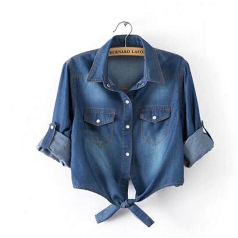 Top Trends: Summer Casual Cropped Sleeves Shirt Denim Cotton Short Women Shirts Button Up Blouses Womens Sexy Blouse Tops Shoppable Styles