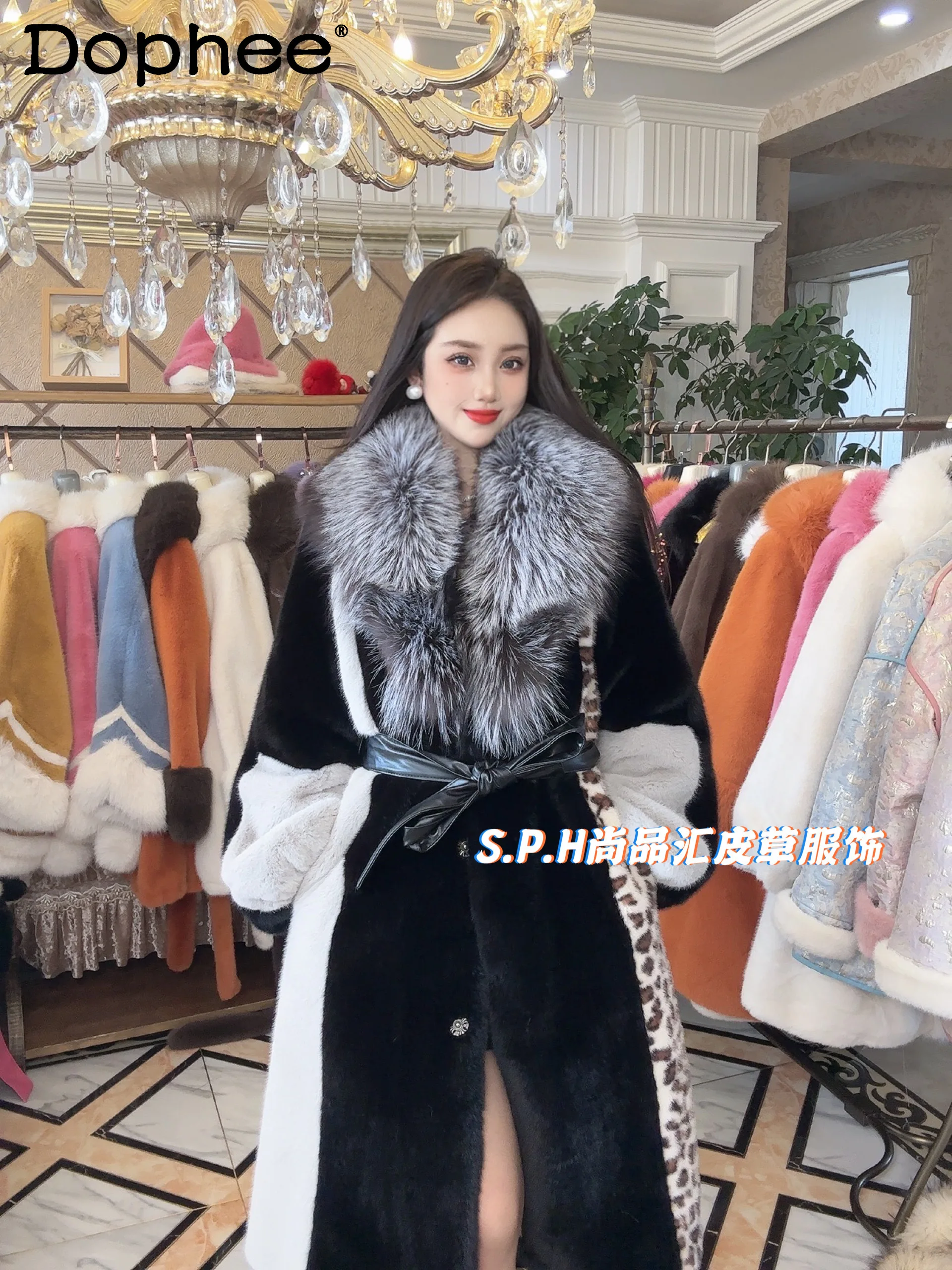 Top Trends: Raccoon Fur Collar Leopard Print Contrast Color Fur Coat Women 2023 Winter New Real Fox Fur Long Lace-up Waist-Controlled Coat Shoppable Styles