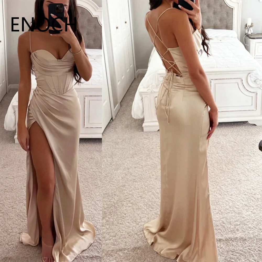 Top Trends: ENOCH Sexy Side Slit Mermaid Evening Dress New Spaghetti Straps Sweetheart Backless Satin Party Prom Formal Gowns فساتين الحفلات Shoppable Styles