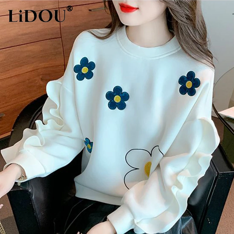 Top Trends: Autumn Winter Sweet Floral Print Loose Casual T-shirt Top Women O-neck Ruffles All-match Pullover Ladies Fashion Simple Jumpers Shoppable Styles