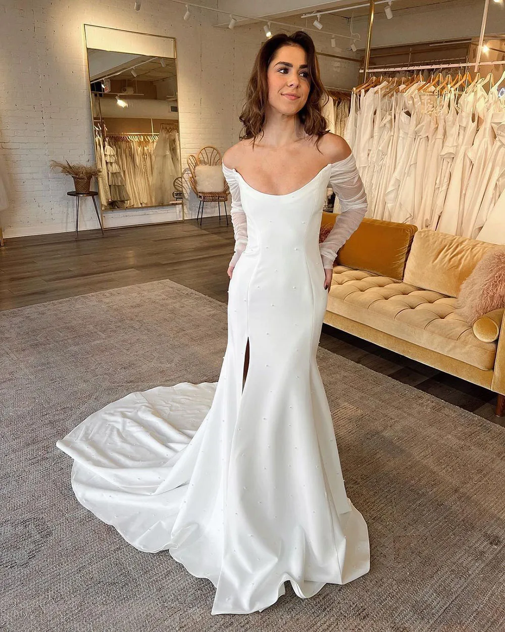 Top Trends: SoDigne Beads Pearl Mermaid Wedding Dresses Soft Satin Beach Bridal Gowns V-Neck Women Side Split Wedding Party Gown Shoppable Styles - Image 4