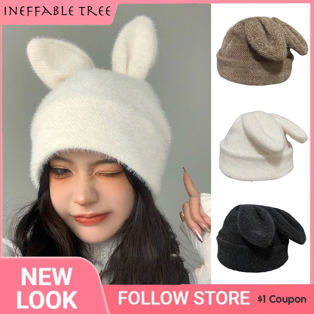 Top Trends: Korea Cute Rabbit Ears Knitted Hats For Women Autumn Winter Warm Panama Soft Rabbit Fur Beanie Cap Girls Skullies Ski Hat Gorros Shoppable Styles