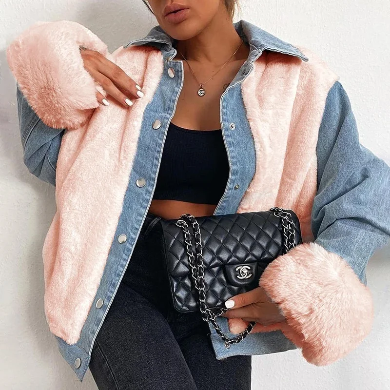 Top Trends: Fashion Warm Fleece Denim Patchwork Coat Jacket Ladies Autumn And Winter Casual Loose Long-sleeved Jacket Streetwear Crop Jacket Shoppable Styles