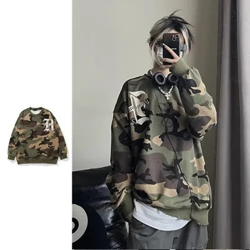 Top Trends: American Style Niche Graffiti Camouflage Sweatshirts Women And Men&#039;s High Street Retro Hip-hop Loose And Versatile Pullover Tops Shoppable Styles