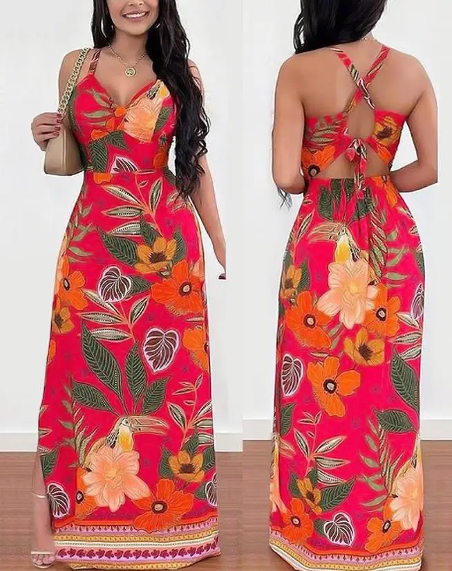 Top Trends: Dresses For Womens 2023 Summer Fashion Vacation V-Neck Sleeveless Tropical Print Sexy Crisscross Backless Maxi Dress New OTTD Shoppable Styles