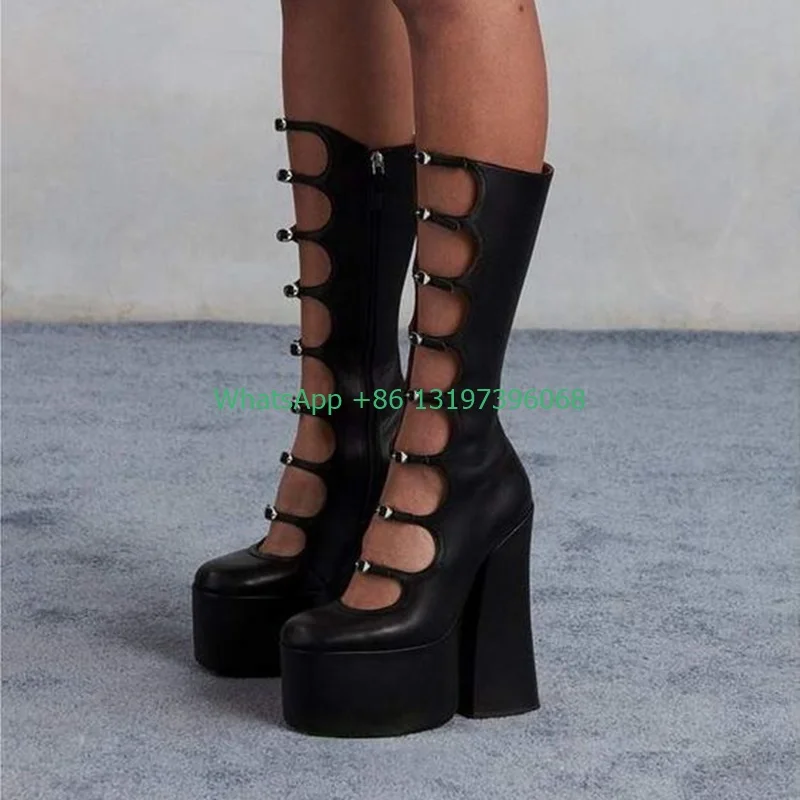 Top Trends: Thick Sole Black Hollow Calf Boots Side Zipper Rough Square Heel Pole Dance Shoes Super Heel Sexy Boots Large Size Footwear Shoppable Styles