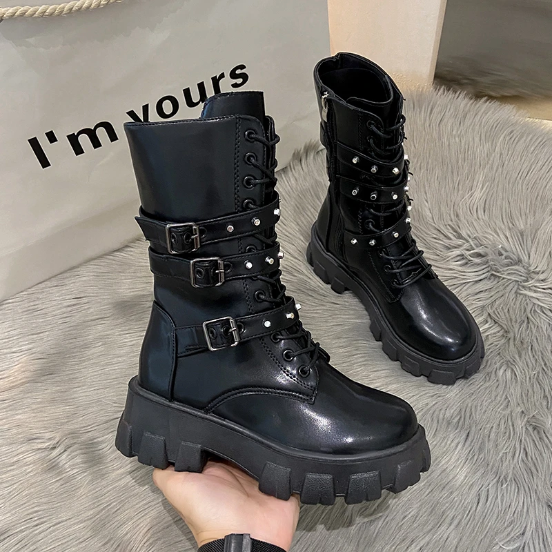 Top Trends: WOMEN ANKLE BOOTS Goth Boots Woman Winter 2023 Platform Shoes Sneakers Studded Belt Buckle Punk Army Chunky Heels Mid Calf Boots Shoppable Styles