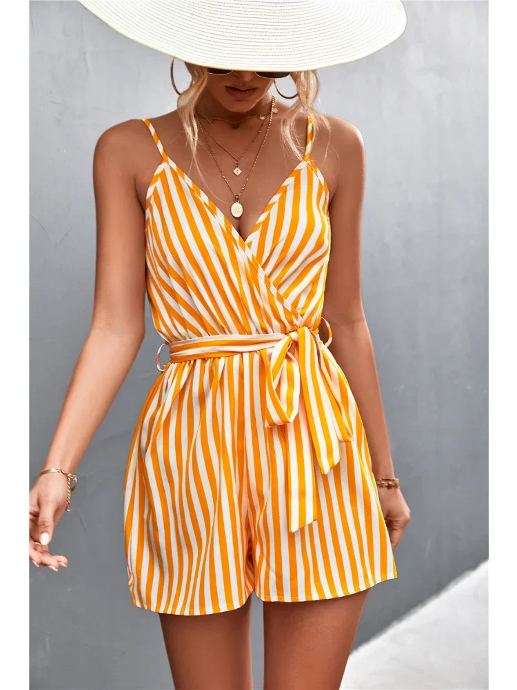 Top Trends: Summer New Women Clothing V-neck Striped Suspender Jumpsuit Women Sleeveless Casual Rompers Womens Off Shoulder Sexy One Piece Shoppable Styles