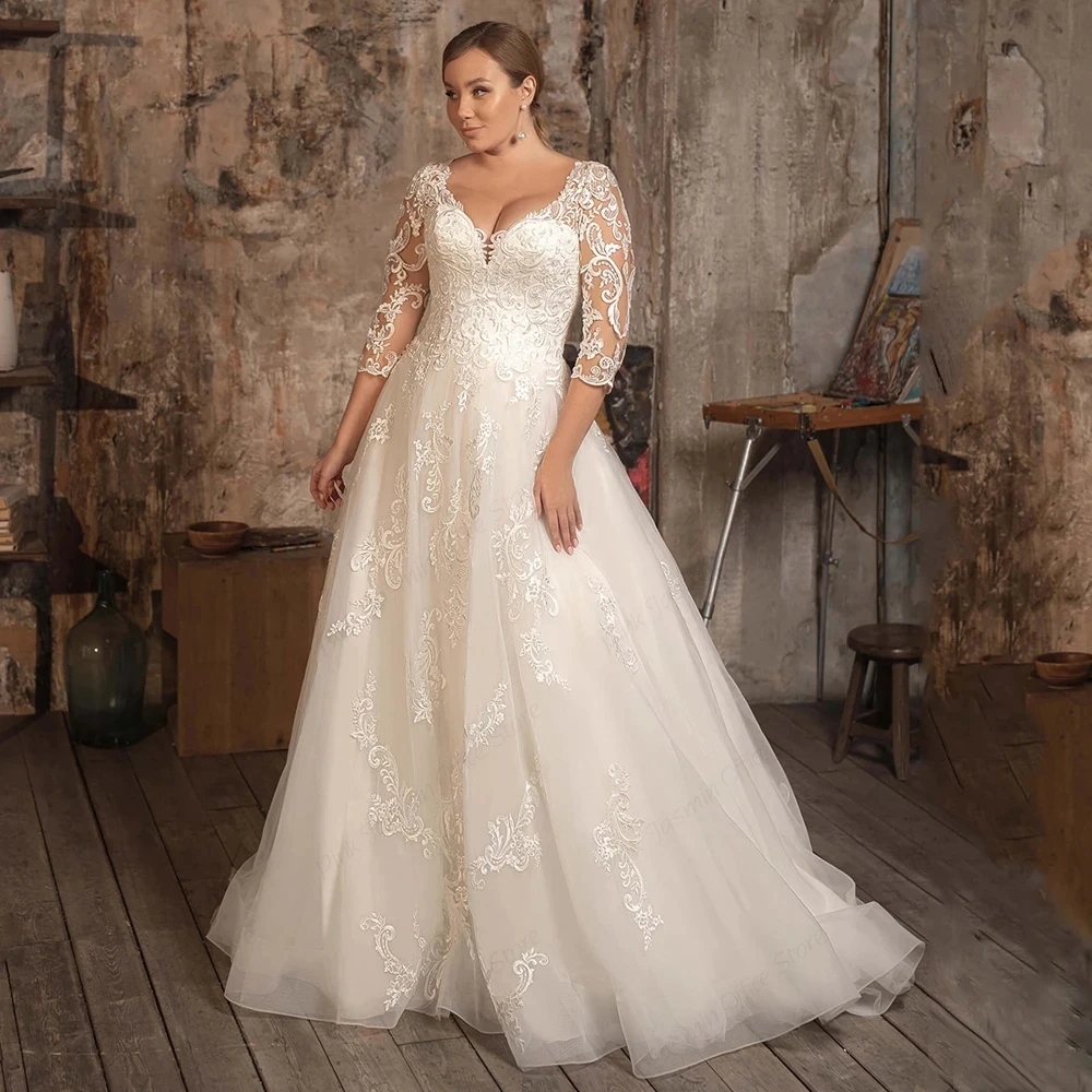 Top Trends: Fashion Plus Size Wedding Dresses For Women 2023 Summer Three Quarter Bridal Gowns With Lace Court Train Vestidos De Novia Shoppable Styles