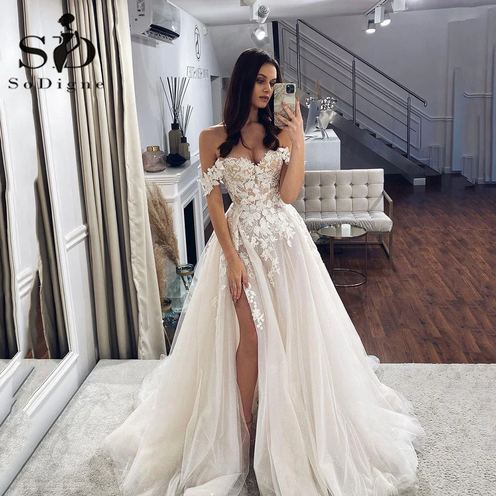 Top Trends: SoDigne Boho Wedding Dresses Side Split Off The Shoulder Lace Appliques A-Line Wedding Gown Sweetheart Bridal Gown Shoppable Styles