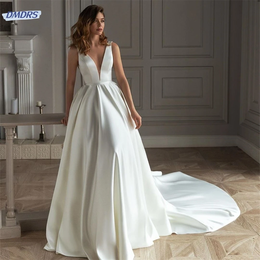 Top Trends: Satin Pearls Wedding Dress Elegant A-line V-Neck Sleeveless Backless Bridal Gown Long Formal Party Dresses Robe De Mariée Shoppable Styles