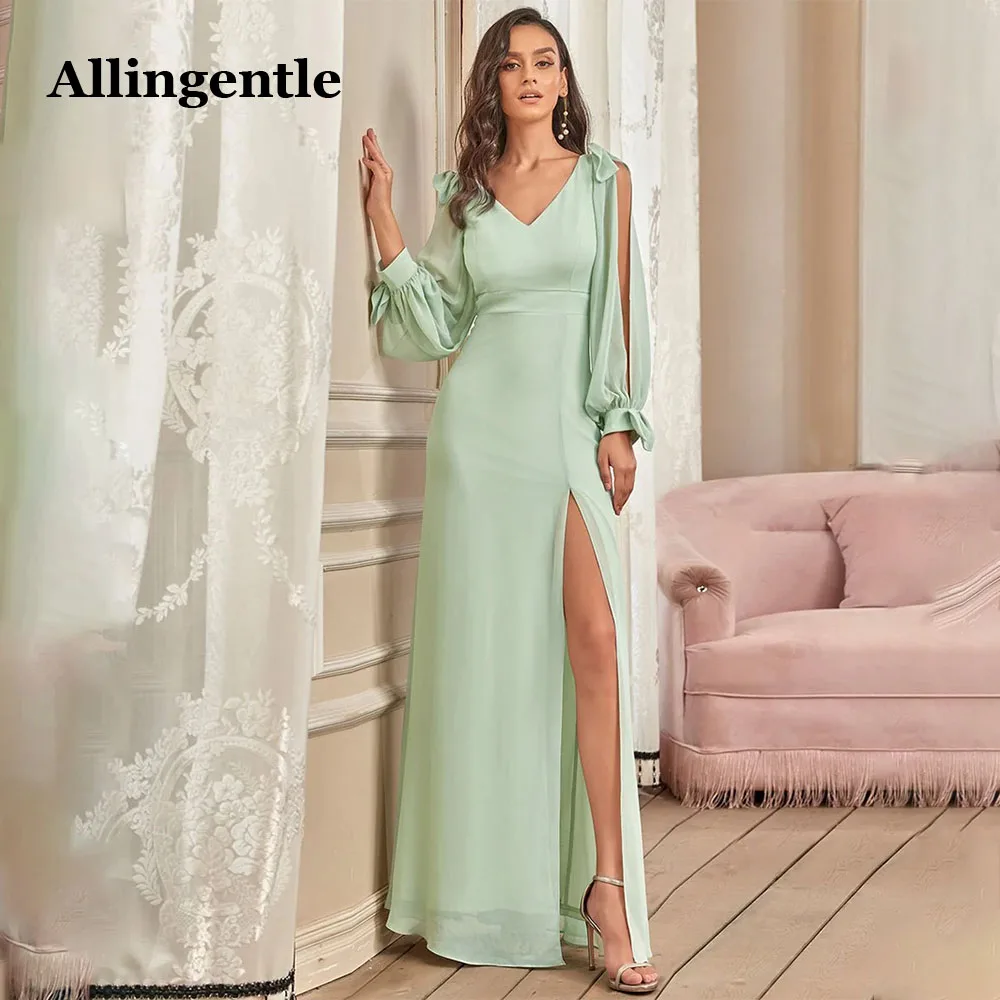 Top Trends: Allingentle Mint Green Elegant Bridesmaid Dress V-Neck Full Sleeves Side Slit Maxi Gown 2023 Chiffon Evening Formal Dress Custom Shoppable Styles