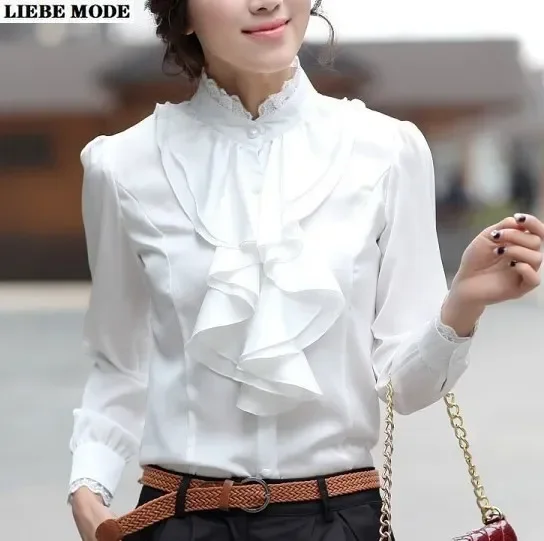 Top Trends: Women's Vintage Ruffle Shirts Long Sleeve Women Victorian Elegant Lace Button Up Stand Collar Blouses Tops Pink White Silver Shoppable Styles