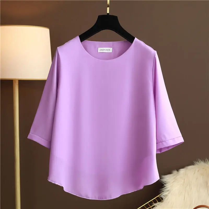 Top Trends: Fashion Women Chiffon Shirt 2024 Summer Half Sleeve Round Neck Blouse Casual Solid Color Loose Oversize Lady Top Blusas Mujer De Shoppable Styles