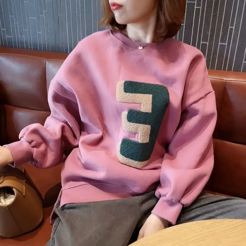 Top Trends: Autumn And Winter Women's Crew Neck Long Sleeve Cotton Liner Loose Pullovers Embroidery Fashion Casual Office Lady Tops Shoppable Styles